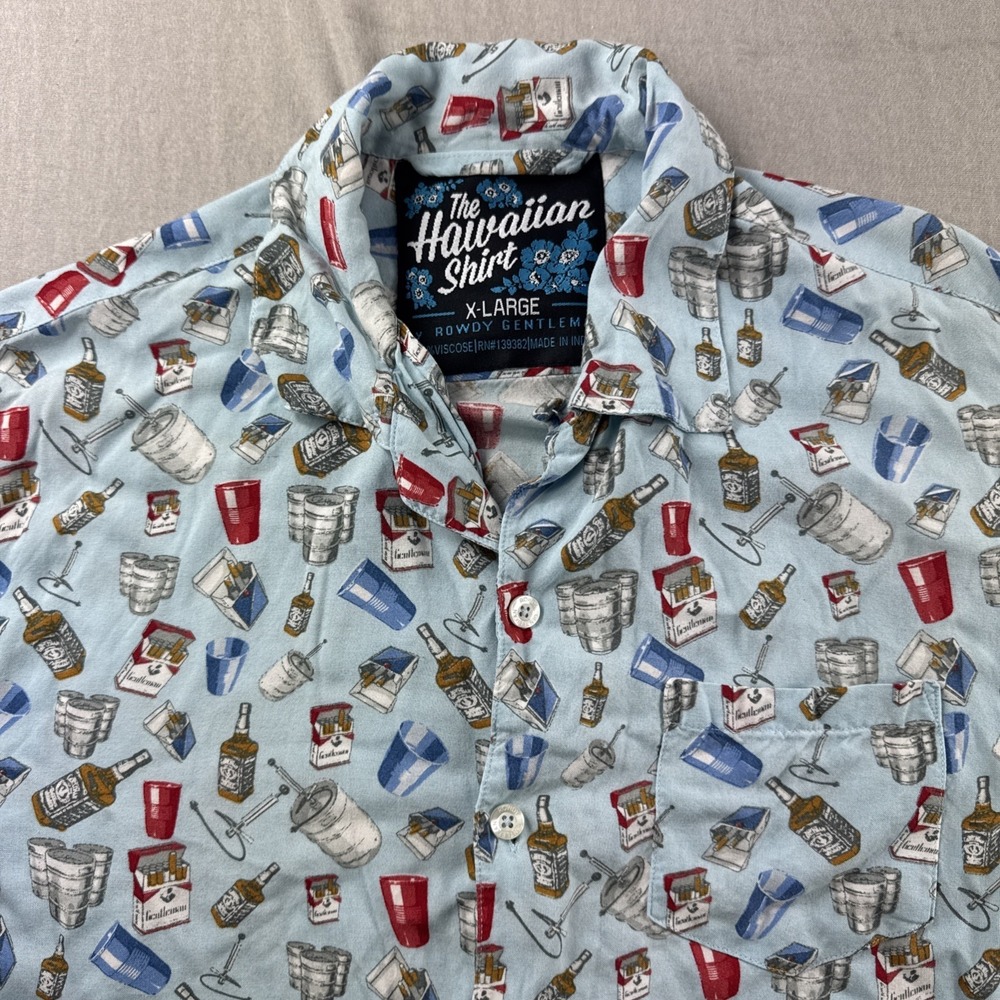 Rowdy Gentlemen Hawaiian Shirt Mens XL Blue Alcohol Frat Party Beer Keg AOP READ